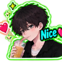 Anime boy with dark hair drinking from a cup with a smug expression surrounded by hearts and stars.