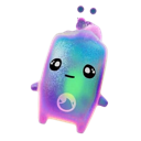 A cute, holographic blue and purple creature with a water symbol on its chest and a blank expression.