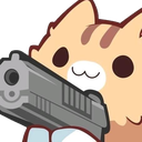 A cute brown kitten holding a large gray handgun with a neutral expression.