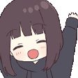 Anime girl in a dark hoodie with arms raised and a wide, happy smile.