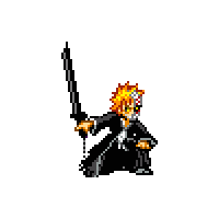 Ichigo Kurosaki performing a Getsuga Tensho sword slash attack in pixel art style.
