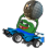 Pepe the Frog driving a blue ATV with a heavy object on the back.