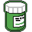 Pill bottle with a white cap and green label in a pixel art style.
