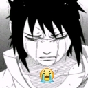 Sasuke Uchiha from Naruto crying with a yellow crying emoji overlaid on his neck.