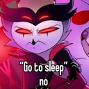 Stolas from Helluva Boss looking annoyed with text that reads Go to sleep no.