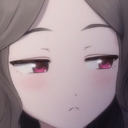 Anime girl with a skeptical expression and pink eyes looking to the side.