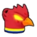 A red bird head with glowing yellow eyes looking intense.