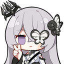 A chibi anime girl with gray hair and a butterfly on her eye makes a peace sign gesture.