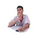 Student in a school uniform holding a pen and looking at the camera with a skeptical, judgmental expression.