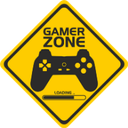 A yellow diamond-shaped warning sign with the text Gamer Zone, a black game controller icon, and a loading bar.