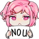 Natsuki from Doki Doki Literature Club holding a white sign that says NO U with a smug expression.