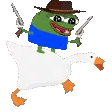 Pepe the Frog wearing a cowboy hat and holding two pistols while riding a white goose.