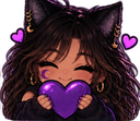 Cat-girl with dark hair and cat ears smiling while holding a glowing purple heart.