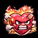 A red heart character with an angry face, surrounded by flames and wearing a bandage on its head.