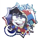 Pomni the jester with a wide, manic grin and wild eyes surrounded by stars and a crescent moon.