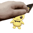 A hand gently patting the head of a small yellow Pichu character.
