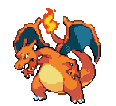 Charizard standing in a battle stance with its wings spread and flames burning from its tail.