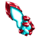 Gauntlet made of red crystals with a glowing blue core held in a striking position.