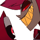 Alastor from Hazbin Hotel showing a wide, sharp-toothed, sinister grin.