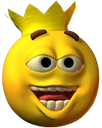 Yellow emoji face wearing a gold crown with a wide, smug, toothy grin.