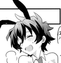 Femboy character with bunny ears smiling and blushing.