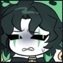 Anime character with dark hair and green markings on their face looking disgusted with a squiggly mouth.