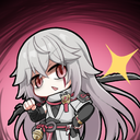 Chibi anime girl with silver hair and red eyes making a smug, confident expression.