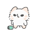 A small white cat kicks a green can with a determined expression.