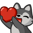 A cute gray wolf holding a large red heart with a happy expression.