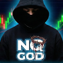 Hooded figure wearing a black hoodie with a crown of thorns and the text NO GOD, set against a background of green and red t…