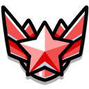 A stylized red star emblem with sharp, wing-like points on a black background.