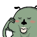 Green cartoon character with a round face puckering its lips and blushing.