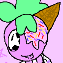 A pink cartoon character with a melting ice cream cone on its head and colorful sprinkles.