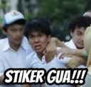 A person shouting with intense expression while being held back, with the text STIKER GUA overlaid at the bottom.