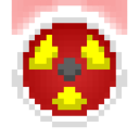 Radiation hazard symbol rendered in a red and yellow pixel art style.