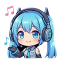 Hatsune Miku wearing headphones with musical notes floating around her head.