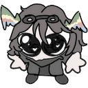 A small gray creature with large eyes containing heart symbols and rainbow-colored wings.