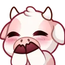 A cute white and pink cow giggling with blushing cheeks and closed eyes.