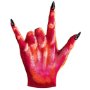 Red hand with sharp black claws performing the devil horns gesture against a black background.