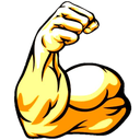 Golden muscular arm flexing its bicep with a clenched fist.