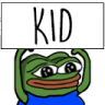 Pepe the Frog holding a white sign with the word KID written in black text.