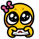A yellow blob creature with a pink bow holding a white envelope with wide, glossy, pleading eyes.