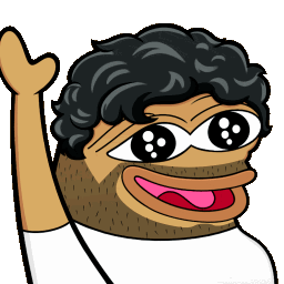 Pepe the Frog character with dark hair and sparkling eyes waving his hand.