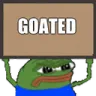 Pepe the Frog holding a brown sign with the word GOATED written in white capital letters.