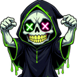Grim reaper skeleton with glowing green and pink eyes cheering with both fists raised.