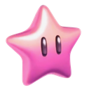 A glossy pink star with simple black eyes and a cute, cheerful expression.