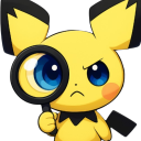 Pichu holding a magnifying glass to its eye with a stern and suspicious expression.