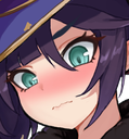 Mona from Genshin Impact with a deep blush and a shy, flustered expression.