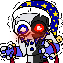 Moon character with a blue nightcap and red eye looking flustered and blushing.