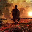 A dark silhouette of a person sitting alone on a fence against a warm, sunset-colored background.